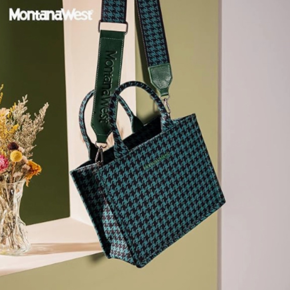 Montana West Small Houndstooth Tote W/Guitar Strap (Green & Black)